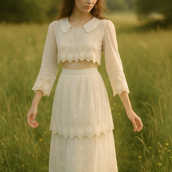 Vintage Edwardian Embroidered Sheer Lace Two-Piece Set – XS/S - Picture 16 of 16